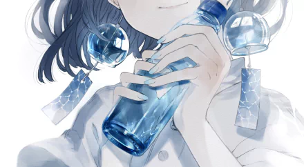 Anime-style HD desktop wallpaper featuring a close-up of a character holding a translucent blue bottle, with wind chimes and soft lighting enhancing the original artwork.