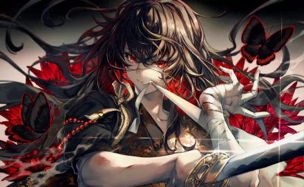 Anime-themed HD desktop wallpaper featuring a woman warrior with red eyes and brown hair, surrounded by butterflies, exuding a fierce and powerful presence.