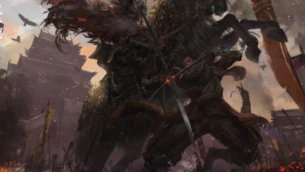 HD PC desktop wallpaper featuring a dark, intense scene from the video game Sekiro: Shadows Die Twice with a fierce warrior amidst a fiery, battle-ravaged environment.