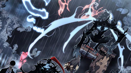 HD desktop wallpaper featuring characters Beru, Igris, and Sung Jin-Woo from Solo Leveling, with an intense anime battle scene under stormy skies.