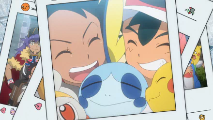 Anime-style HD desktop wallpaper featuring smiling Ash Ketchum, Goh, Leon, Pikachu, Sobble, and Raboot from Pokémon in a playful photo collage.