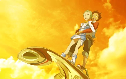 HD PC desktop wallpaper from the anime Eureka Seven, featuring two characters riding a futuristic board against a glowing orange sky background.