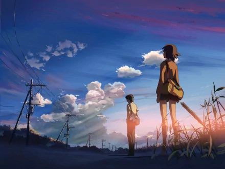 A captivating HD wallpaper featuring Kanae Sumita and Takaki Touno from the anime 5 Centimeters per Second, set against a stunning sky with clouds and a serene landscape.