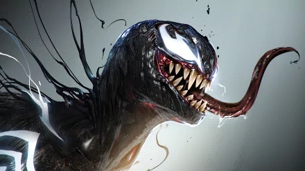 4K Ultra HD comic-style Venom illustration with sharp teeth and an extended tongue, designed as a striking PC desktop wallpaper.