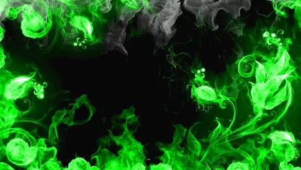 An artistic HD wallpaper featuring vibrant green flames and swirling smoke against a dark background, creating an intriguing and dynamic visual effect.
