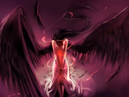 An artistic painting featuring a dark figure with large wings, surrounded by a vibrant, abstract aura. A high-definition wallpaper and background for desktop use.