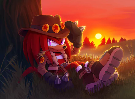Knuckles the Echidna from the video game Sonic Dash lounges against a tree at sunset, smiling with purple eyes, wearing a hat and boots — HD PC desktop wallpaper background.