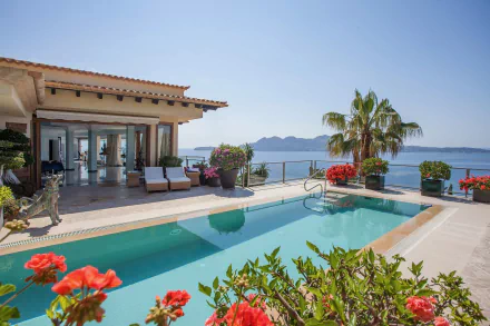 Mallorca Spain pool sea man made villa HD Desktop Wallpaper | Background Image