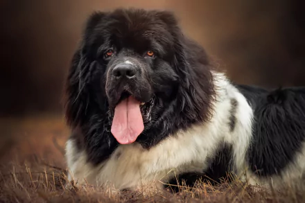 Majestic black-and-white Newfoundland dog close-up, broad muzzle and panting tongue; 2K Quad HD PC desktop wallpaper/background.
