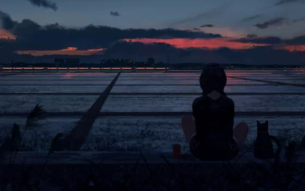 Anime-style HD desktop wallpaper featuring a person sitting beside a cat at sunset, overlooking a serene, expansive water landscape under a dramatic sky.