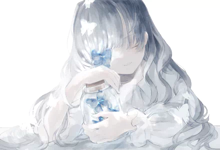 HD anime-style original artwork of a girl with long hair holding a jar of blue butterflies, set against a soft, ethereal background for a PC desktop wallpaper.