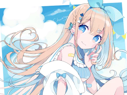 Original anime 2K Quad HD PC desktop wallpaper/background: blue-eyed blonde girl in sailor-style outfit and hair bow, fingers to cheek, flowing hair, bandage, bright sky, clouds and bunting.