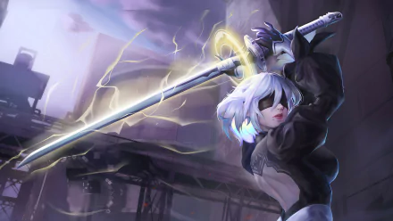 4K Ultra HD wallpaper featuring YoRHa No.2 Type B from the video game NieR: Automata, wielding a glowing sword against a stormy industrial backdrop.