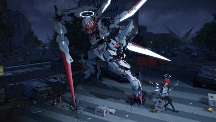 HD PC desktop wallpaper/background: red‑haired Exusiai (Arknights) faces a Mobile Suit Gundam–style robot in an Arknights anime crossover on a stormy rooftop.