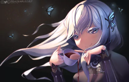 Echidna (Re:ZERO) from Re:Zero - Starting Life in Another World, anime HD PC desktop wallpaper showing silver-haired Echidna sipping tea amid glowing butterflies and a moody night sky.