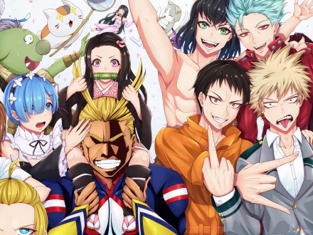 4K Ultra HD anime crossover wallpaper featuring Yui, Rem, Pack, Katsuki Bakugou, and All Might from Sword Art Online, Re:Zero, Demon Slayer, and My Hero Academia.