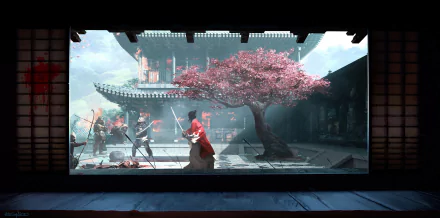 HD fantasy samurai desktop wallpaper depicting a dramatic duel beneath a blooming cherry blossom tree in a traditional Japanese courtyard.