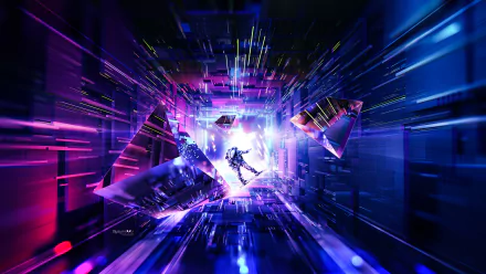 HD Sci-Fi desktop wallpaper featuring an astronaut floating in a vibrant, futuristic corridor with neon lights and geometric structures.
