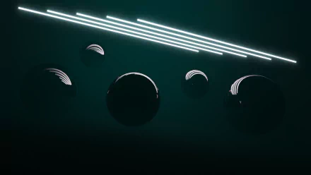 Abstract black spheres are illuminated by sleek, light beams against a dark background, creating a striking visual contrast. This image serves as a stunning 4K Ultra HD desktop wallpaper.