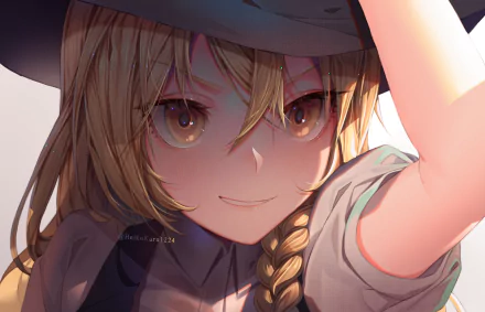 Close-up HD anime-style portrait of Marisa Kirisame with blonde hair, yellow eyes, and a confident expression, styled as a PC desktop wallpaper.
