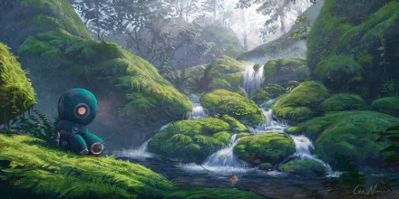 Artistic Sci‑Fi 2K Quad HD PC desktop wallpaper and background: a small robot sits beside a mossy forest stream with cascading waterfalls and misty trees.