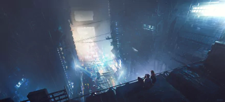 HD PC desktop wallpaper of a sci‑fi futuristic city: neon towers, hovering platforms and glowing streets seen from a high ledge where two silhouettes watch the metropolis.