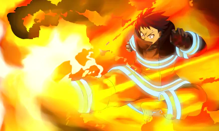HD PC desktop wallpaper of Shinra Kusakabe from Fire Force, featuring his black hair, glowing red eyes, and fiery flames engulfing the scene.