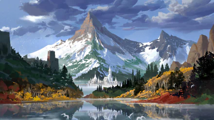 Artistic HD PC desktop wallpaper: serene lake reflecting a towering snow-capped mountain and distant castle, framed by autumnal forests and a dramatic, cloud-streaked sky.