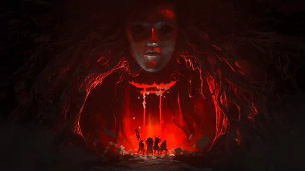 Ghost of Tsushima video game 5K Ultra HD PC desktop wallpaper and background: three silhouetted samurai before a glowing torii beneath a giant demonic mask in a red, fire-lit cavern.