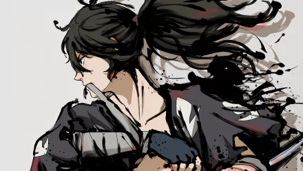 Anime portrait of Hyakkimaru (Dororo) with flowing dark hair and tattered cloak, tense profile — 5K Ultra HD PC desktop wallpaper background.