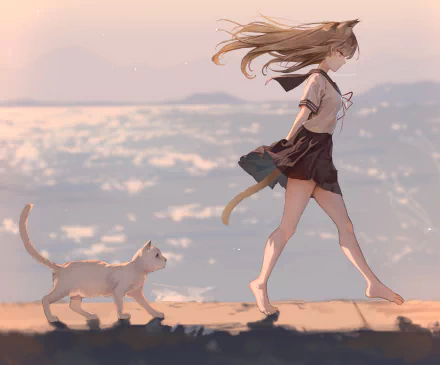 Anime-style HD PC desktop wallpaper featuring an original character with cat ears and tail walking alongside a white cat by the sea at sunset.