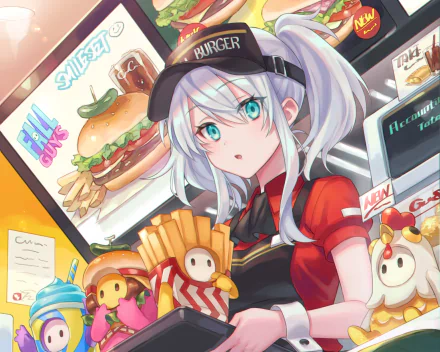 Anime-style HD desktop wallpaper featuring a white-haired character with aqua eyes holding a box of french fries, surrounded by hamburgers and colorful food-themed elements.