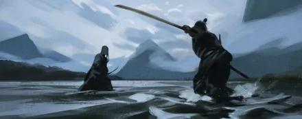 Fantasy samurai duel in icy water beneath misty mountains, blades drawn under a stormy sky — HD PC desktop wallpaper and background.