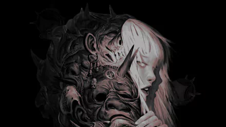 Black and white HD desktop wallpaper featuring a woman partially revealing a dark demon mask, blending eerie and surreal elements in a striking, shadowy composition.