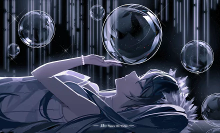 Hatsune Miku, an anime Vocaloid character, is depicted lying down surrounded by floating bubbles in this HD desktop wallpaper background with a dark and ethereal theme.