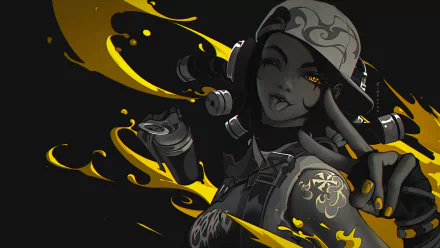 HD desktop wallpaper featuring Raze from the video game Valorant, showcasing her in a dynamic pose with vibrant colors and artistic design elements.