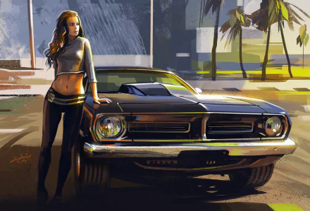 HD PC desktop wallpaper and background: stylized woman leaning against a vintage muscle car in a Girls & Cars scene, palm trees and a warm sunset behind them.