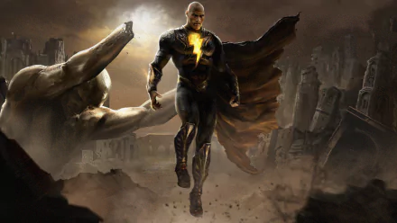 HD PC desktop wallpaper of DC Comics' Black Adam from the movie — a lightning-emblazoned antihero hovering over a ruined city with cape billowing and rubble below.