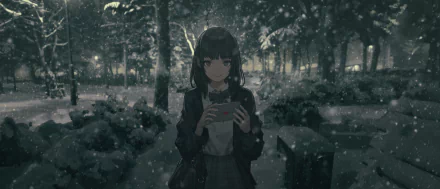 Anime original HD PC desktop wallpaper/background: dark-haired schoolgirl in a snowy park at dusk, holding a handheld game console as soft lights glow and snow falls.