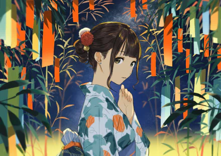 Anime original HD PC desktop wallpaper and background: young woman in a floral yukata among bamboo with hanging tanzaku strips, warm lantern glow and a contemplative expression.