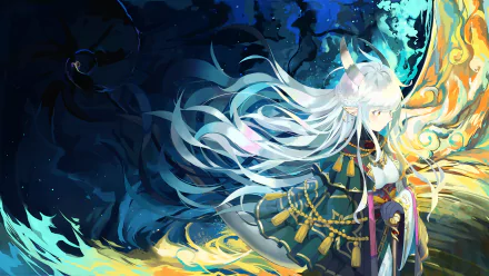 Anime original at night — white-haired horned girl with flowing hair, blue and gold flames, detailed 2K Quad HD PC desktop wallpaper background.