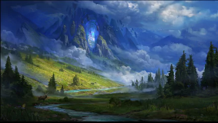 HD fantasy landscape wallpaper featuring a mystical mountain with a glowing portal, surrounded by lush greenery and a dreamy, cloud-filled sky.