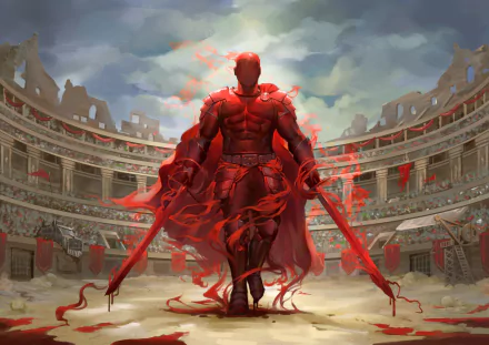 A powerful fantasy warrior clad in red armor strides through an ancient arena, wielding dual swords, as vibrant ribbons of color swirl around him, creating a dynamic and dramatic scene.