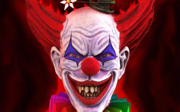 A dark and sinister clown grins menacingly against a vivid red background, featuring exaggerated features and colorful attire, making for a striking HD desktop wallpaper.