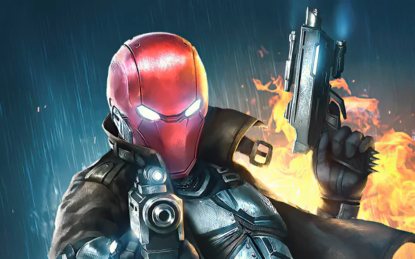 HD PC desktop wallpaper featuring Red Hood from DC Comics, holding guns with a fiery background and rain effects in a dynamic comic-style illustration.