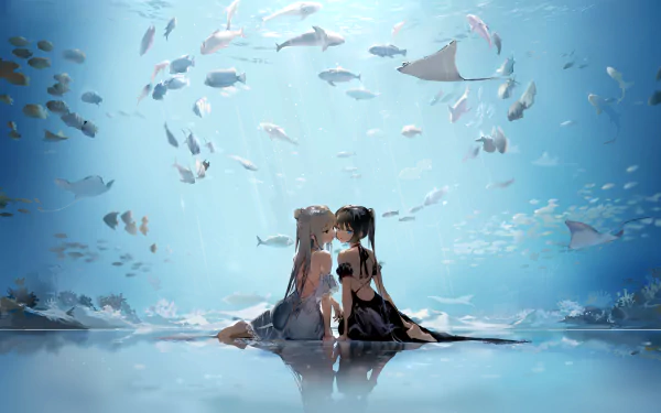 Anime-style HD wallpaper showing two characters with black and white hair, wearing dresses, sitting underwater. They're surrounded by various fish and sea life with a serene, reflective ambiance.
