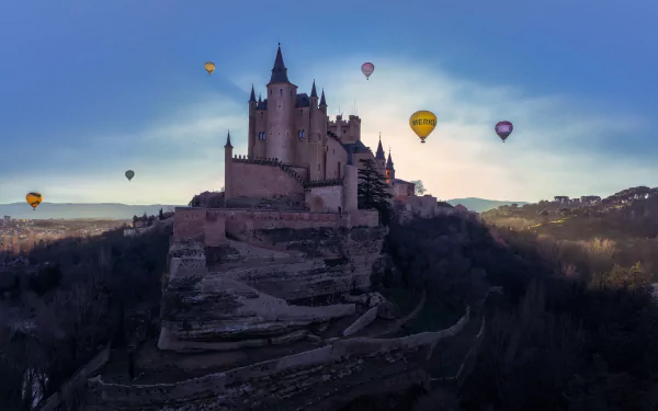 hot air balloon castle Spain man made segovia castle HD Desktop Wallpaper | Background Image