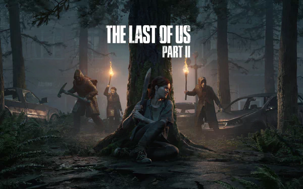 HD PC desktop wallpaper featuring Ellie from The video game The Last of Us Part II, set in a dark, forested environment with characters holding torches.