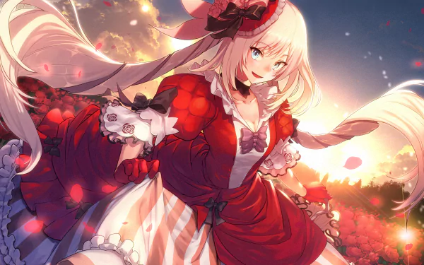 Anime-style Marie Antoinette from Fate/Grand Order with long blonde hair, aqua eyes, and a red dress, set against a glowing, detailed 4K Ultra HD background.