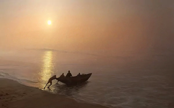 HD desktop wallpaper featuring an artistic painting of figures pushing a boat into calm waters at sunrise, creating a serene and tranquil sunrise scene.